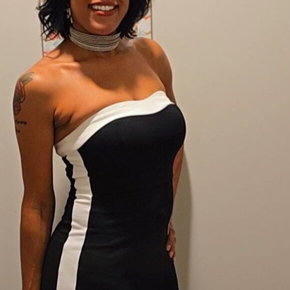 Impressive Edge Black Color Block Strapless Midi Dress - Picture 1 of 6